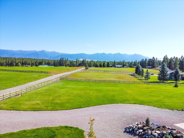 surrounding community with a mountain view, a yard, and a rural view