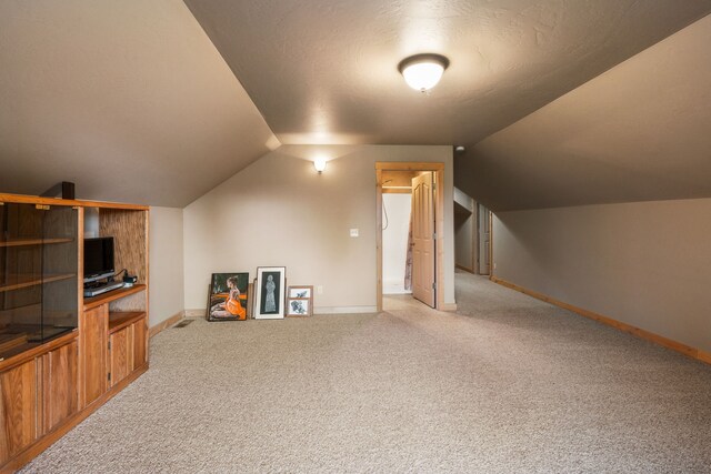 additional living space with light colored carpet, a textured ceiling, and lofted ceiling