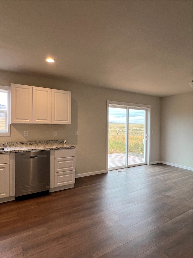 kitchen with stainless steel dishwasher, dark wood-type flooring, and plenty of natural light