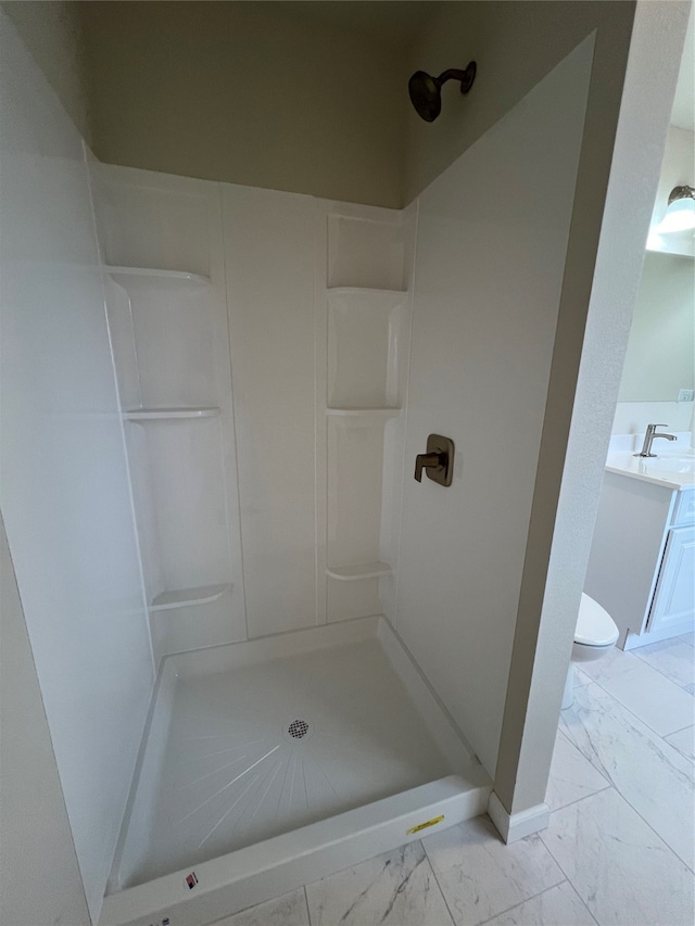 bathroom with vanity, toilet, and walk in shower