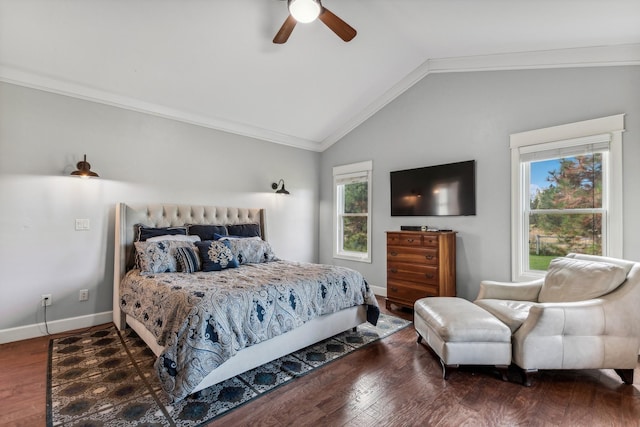 bedroom with multiple windows, ornamental molding, lofted ceiling, and ceiling fan