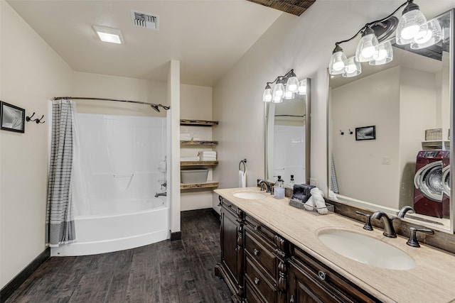 2870 US Highway 93 W, Whitefish, MT 59937 - bathroom with wood finished floors, double vanity, and shower / bath combination with curtain