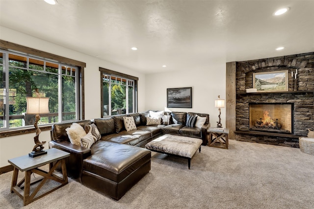 2870 US Highway 93 W, Whitefish, MT 59937 - living room featuring carpet flooring, recessed lighting, and a stone fireplace