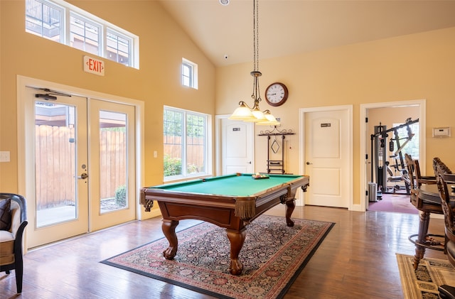 recreation room featuring billiards, high vaulted ceiling, french doors, and hardwood / wood-style flooring