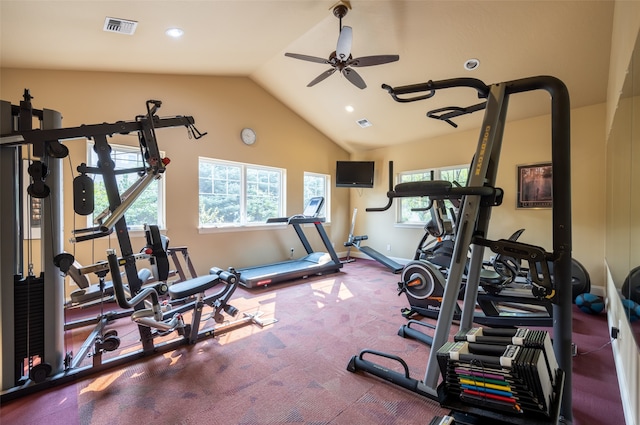 exercise area featuring vaulted ceiling and ceiling fan