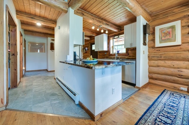 kitchen with a baseboard heating unit, white cabinetry, dishwasher, wooden ceiling, and light wood-type flooring