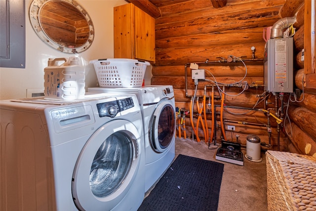 clothes washing area featuring carpet flooring, electric panel, washer and dryer, and log walls