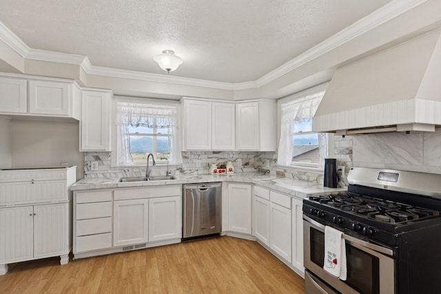 kitchen with light wood-type flooring, white cabinetry, sink, and stainless steel appliances