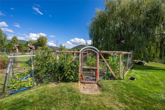 view of yard featuring a garage and a mountain view