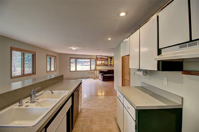 72878 Lemlama Trl, Arlee, MT 59821 - kitchen featuring under cabinet range hood, white cabinetry, a sink, open floor plan, and light tile patterned floors