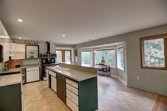 72878 Lemlama Trl, Arlee, MT 59821 - kitchen featuring recessed lighting, a center island with sink, a sink, a wood stove, and stainless steel dishwasher