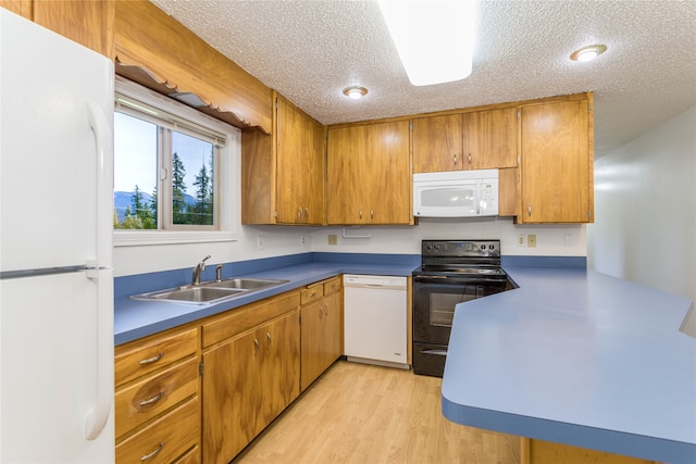 kitchen with a textured ceiling, light hardwood / wood-style floors, sink, and white appliances