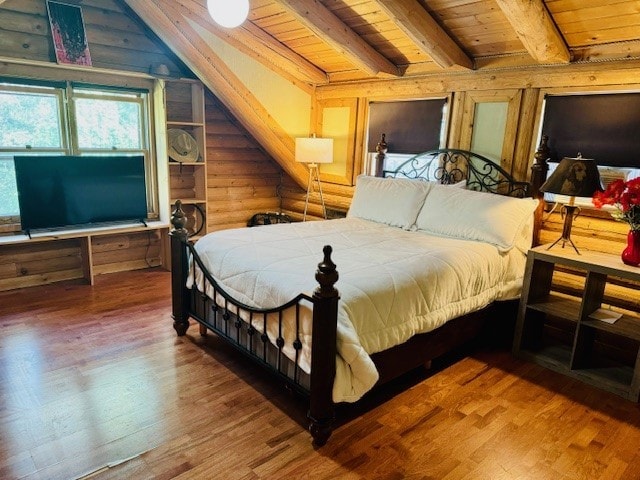 bedroom featuring wood ceiling, vaulted ceiling with beams, and hardwood / wood-style flooring