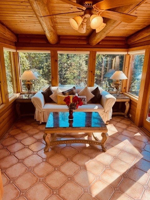 sunroom with wooden ceiling, beamed ceiling, and ceiling fan