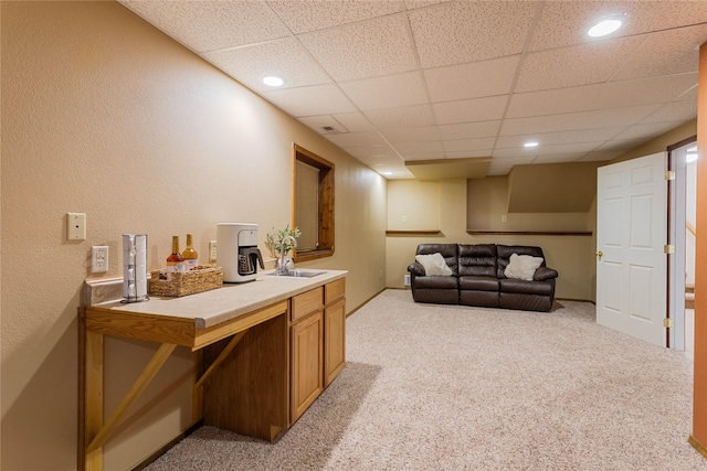 living room featuring a paneled ceiling and light colored carpet