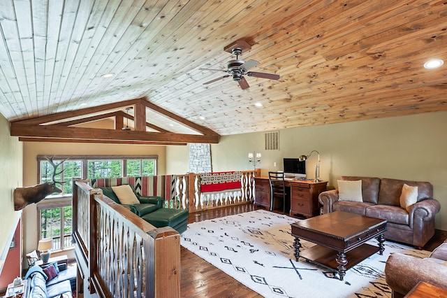 living room featuring hardwood / wood-style floors, ceiling fan, lofted ceiling, and wood ceiling