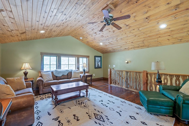 living room with hardwood / wood-style floors, ceiling fan, wooden ceiling, and vaulted ceiling