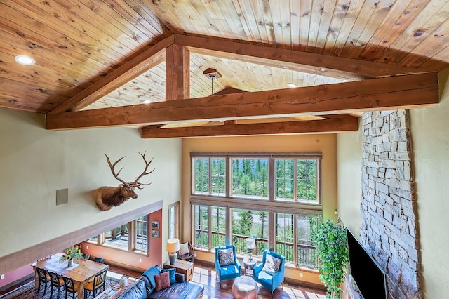 living room featuring beam ceiling, wood ceiling, and a fireplace