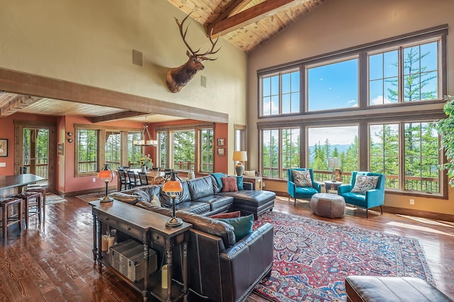 living room featuring beamed ceiling, dark hardwood / wood-style flooring, wooden ceiling, and high vaulted ceiling