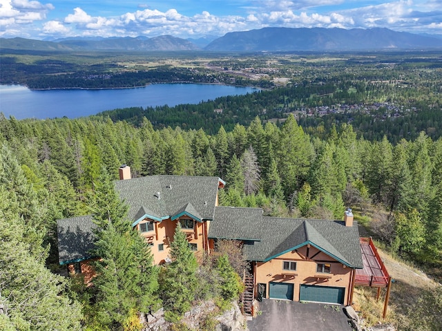 bird's eye view featuring a water and mountain view