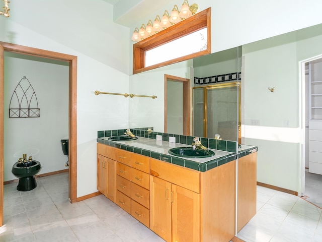 bathroom featuring tile patterned floors, a bidet, a shower with door, and vanity