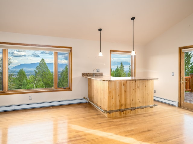 bar featuring light wood-type flooring, a baseboard heating unit, a mountain view, and a wealth of natural light