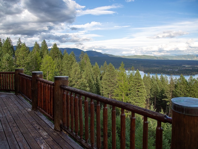 wooden deck with a water and mountain view