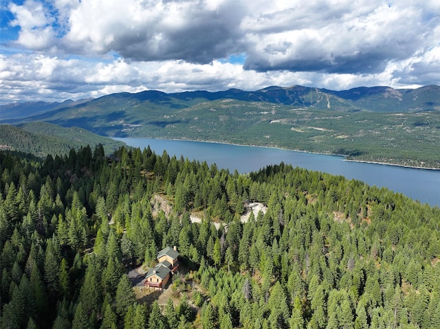 bird's eye view with a water and mountain view