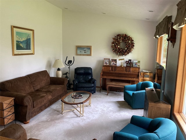 living room featuring light carpet