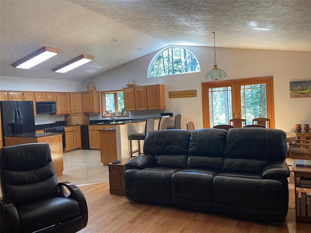 living room with vaulted ceiling, a textured ceiling, light hardwood / wood-style flooring, french doors, and sink