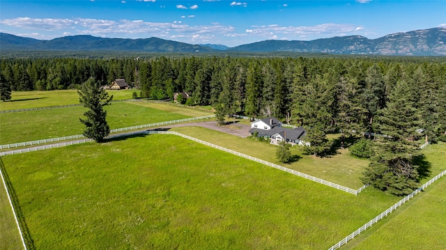 birds eye view of property featuring a mountain view and a rural view