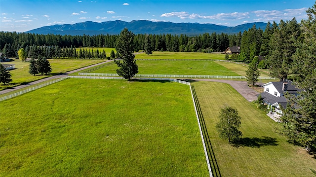 birds eye view of property featuring a mountain view and a rural view