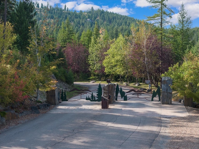surrounding community with a view of trees and a gate