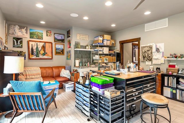 home office featuring recessed lighting, ceiling fan, and visible vents