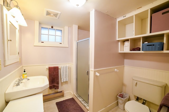 bathroom with walk in shower, tile patterned flooring, toilet, and a baseboard radiator