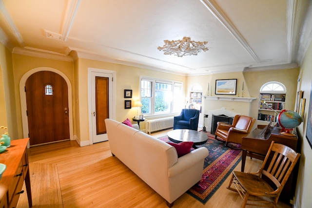 living room with light hardwood / wood-style flooring, radiator, and crown molding