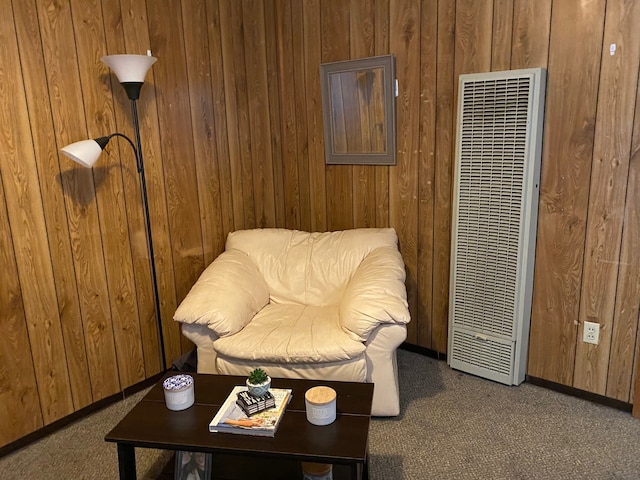106 State St, Hamilton, MT 59840 - living area featuring a heating unit, wood walls, and carpet flooring