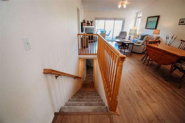 stairway featuring hardwood / wood-style flooring