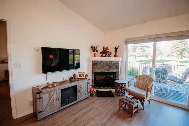 living room featuring wood-type flooring, a fireplace, and lofted ceiling