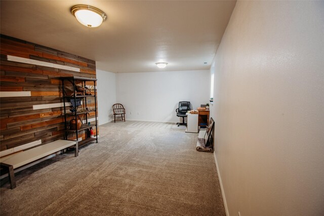 basement with carpet and wooden walls