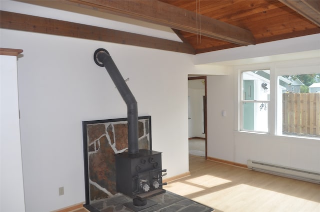 unfurnished living room with wood ceiling, a baseboard heating unit, light hardwood / wood-style floors, a wood stove, and vaulted ceiling with beams