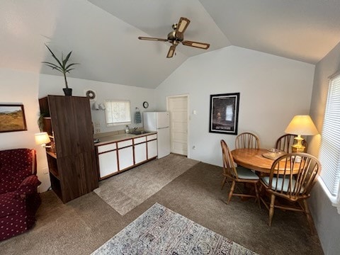 interior space with ceiling fan, lofted ceiling, and sink