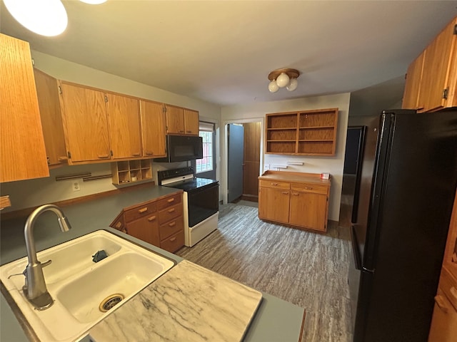 kitchen with dark hardwood / wood-style flooring, sink, and black appliances