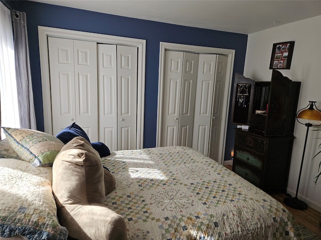 bedroom featuring multiple closets and hardwood / wood-style flooring