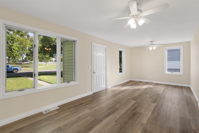 entryway featuring a healthy amount of sunlight, hardwood / wood-style floors, and ceiling fan