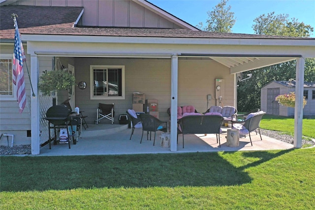 exterior space with a storage unit, a grill, and an outdoor living space with a fire pit