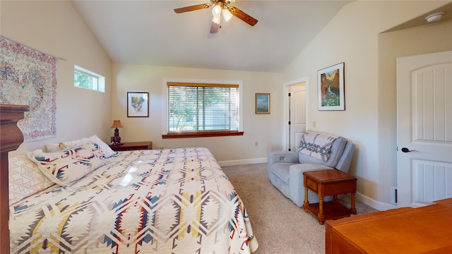 bedroom featuring ceiling fan, carpet flooring, and vaulted ceiling