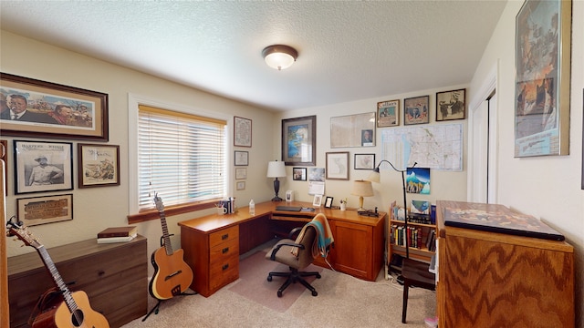 carpeted office space with a textured ceiling