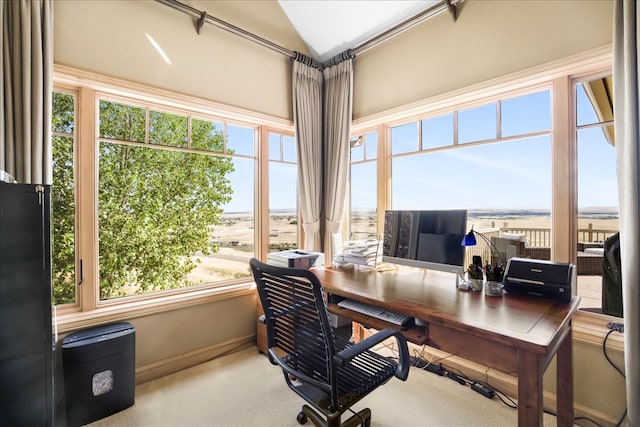 office space featuring lofted ceiling and light carpet