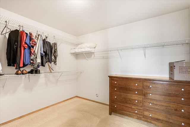 spacious closet featuring light carpet